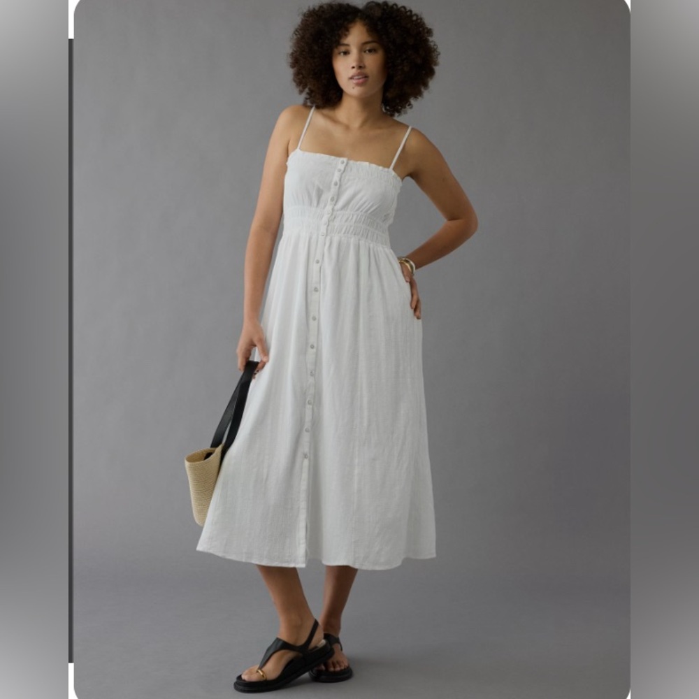 NWT American Eagle AE Ruched Button-Up Midi Dress Small White